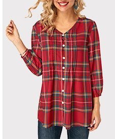 V Neck Plaid Print Button Up Blouse