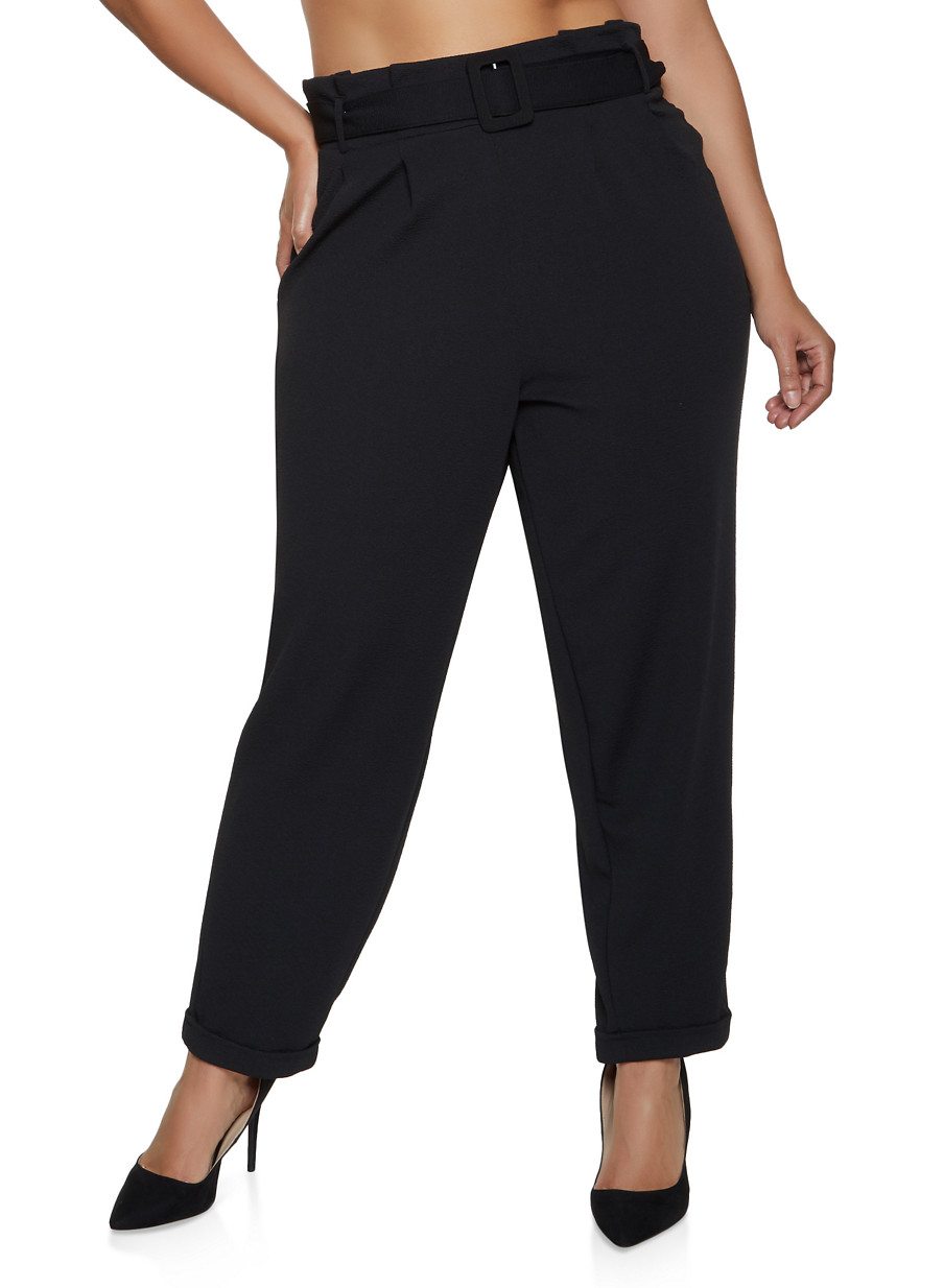 Plus Size Textured Knit Paper Bag Waist Pants