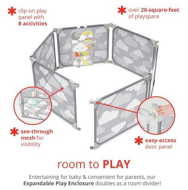 *clip-on play panel with 8 activities | *over 20-square-feet of playspace | *see-through mesh for visibility | *easy-access door panel | room to PLAY | Entertainment for baby & convenient for parents, our Expandable Play Enclousure doubles as a room divider!