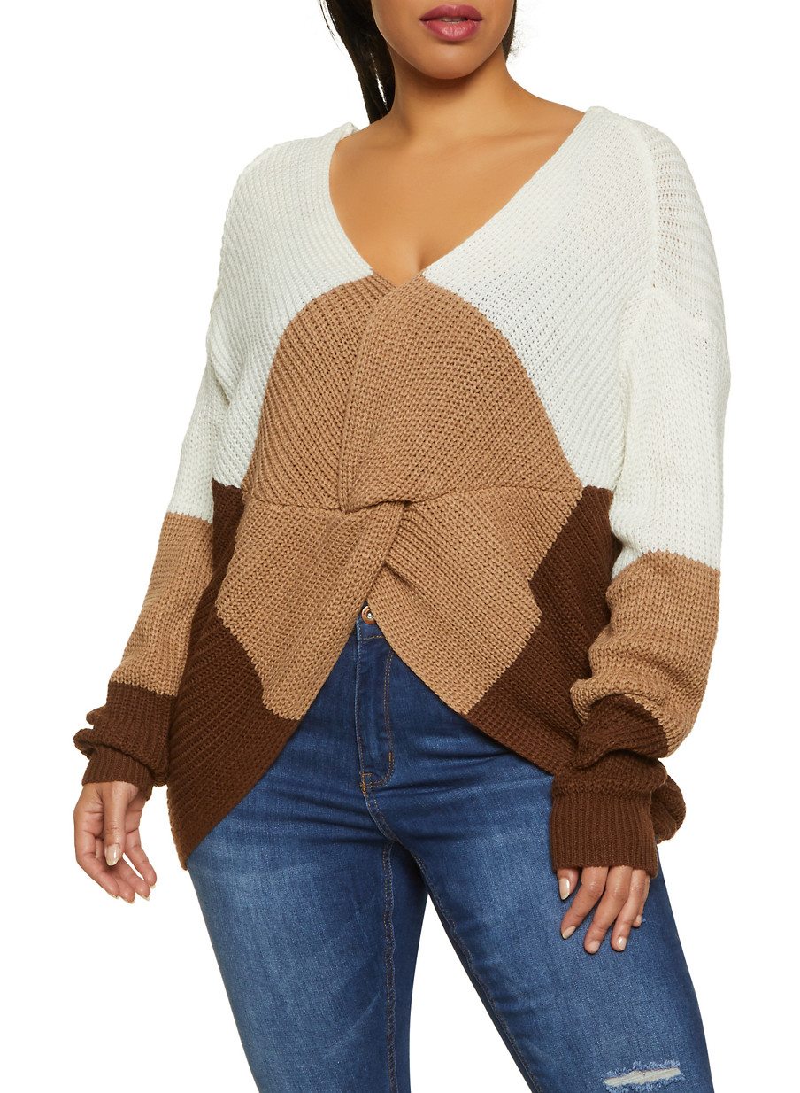 Plus Size Color Block Twist Front Sweater