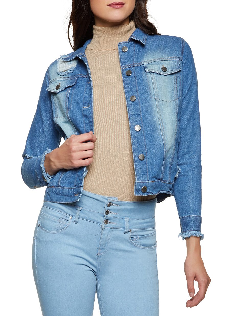 Distressed Long Sleeve Jean Jacket