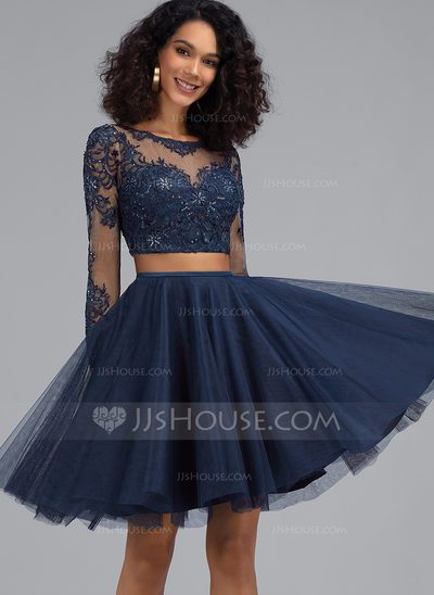 A-Line Scoop Neck Short/Mini Tulle Homecoming Dress With Seq...