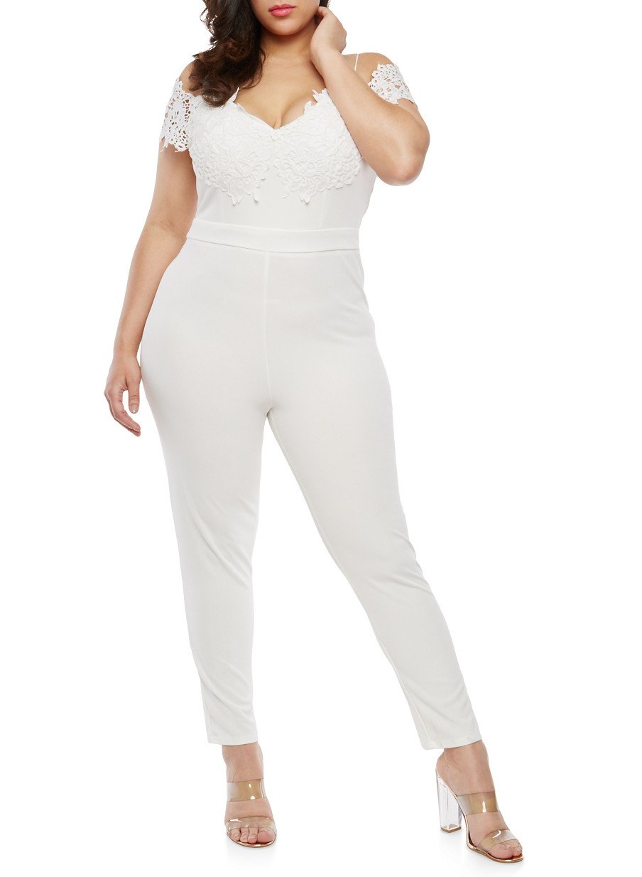 Plus Size Crochet Trim Off the Shoulder Jumpsuit