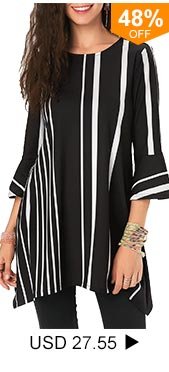 Asymmetric Hem Round Neck Stripe Print Blouse