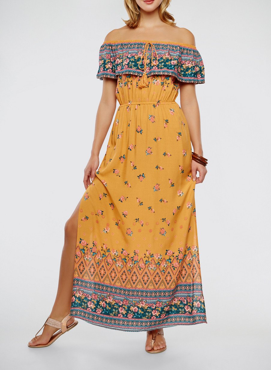 Border Print Off the Shoulder Maxi Dress