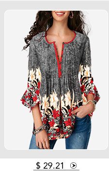 Printed Button Up Pleated Three Quarter Sleeve Blouse