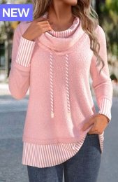 Light Pink Patchwork Striped Long Sleeve Cowl Neck Sweatshirt