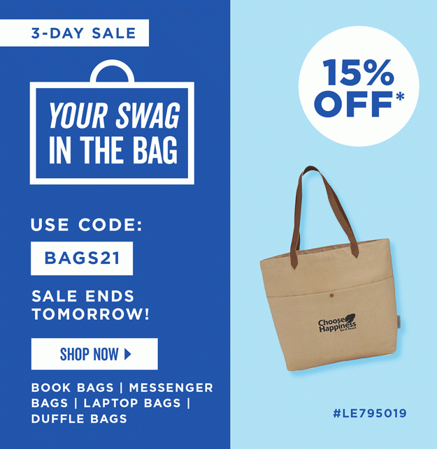 3-Day Sale | Your Swag in the Bag | 15% Off All Bags | Use Code: BAGS21 | Shop Now | Discount applies to tote bags, messenger bags, laptop bags and book bags.