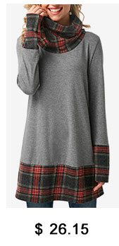 Plaid Print Long Sleeve Cowl Neck T Shirt