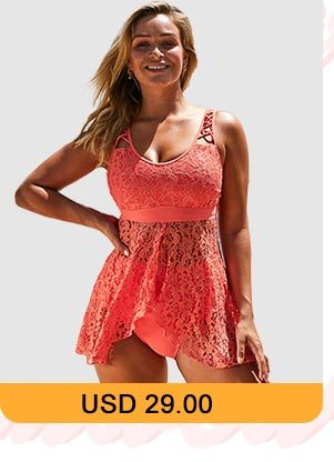 Lace Panel Asymmetric Hem Orange Lingerie Swimdress and Panty 