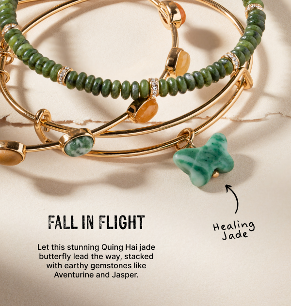 Fall in Flight | Let this stunning Quing Hai jade butterfly lead the way, stacked with earthy gemstones like Aventurine and Jasper. 