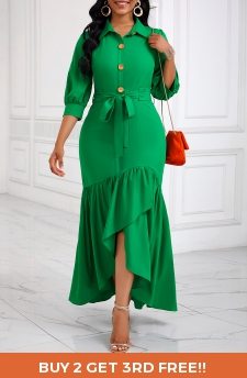 Button Belted Green High Low Shirt Collar Dress