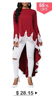 Dip Hem Lace Patchwork Burgundy Blouse