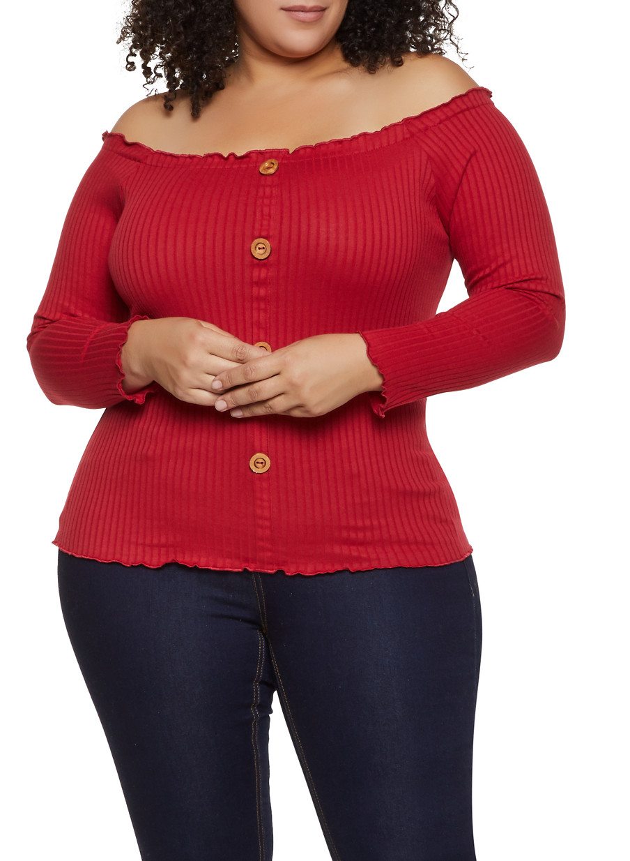 Plus Size Lettuce Edge Off the Shoulder Button Top