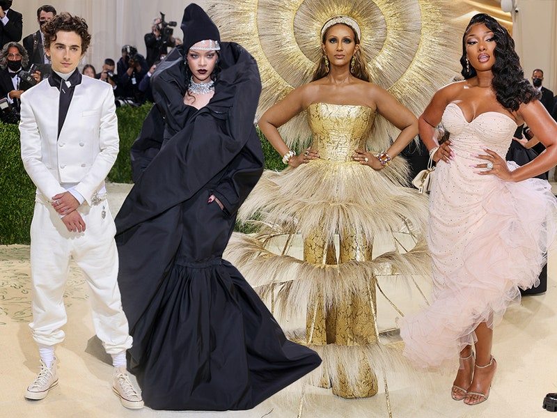 Image may contain: Clothing, Apparel, Iman, Evening Dress, Fashion, Gown, Robe, Human, Person, Rihanna, and Timothée Chalamet