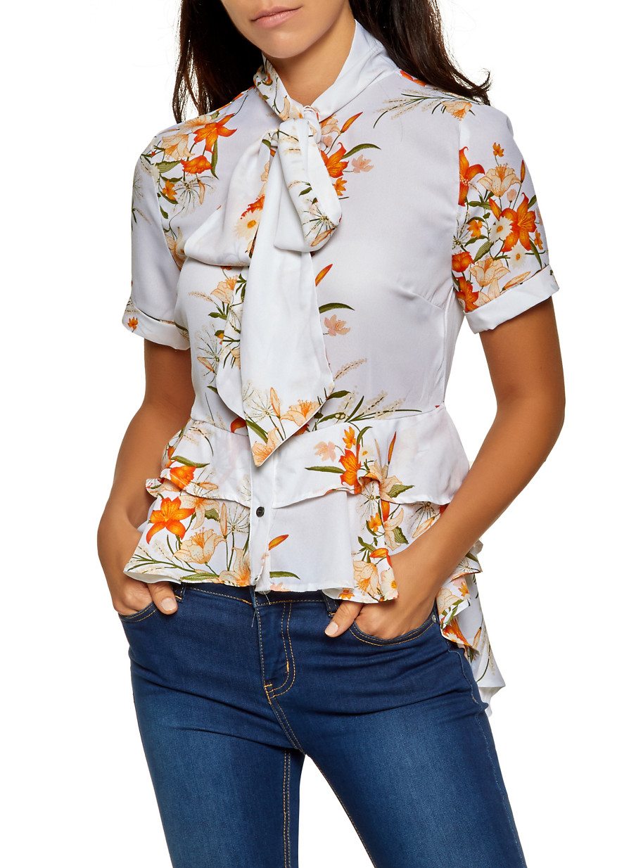 Floral Ruffled Tie Neck Blouse