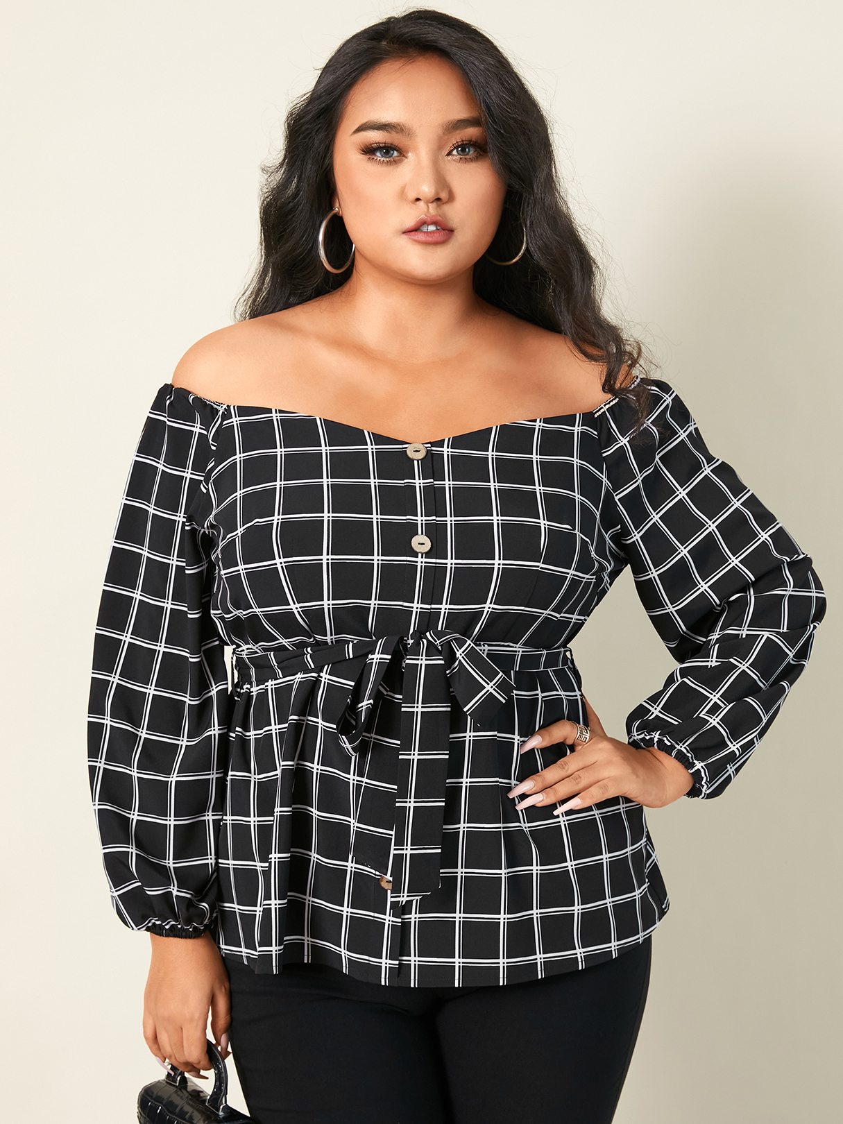 Off The Shoulder Plaid Belt Design Long Sleeves Blouse