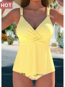 ROTITA Surplice Light Yellow Tropical Plants Print Tankini Set