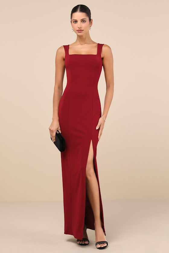 Image of Inspiring Allure Wine Red Square Neck Column Maxi Dress