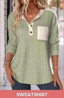 ROTITA Patchwork Sage Green Split Neck Long Sleeve Sweatshirt