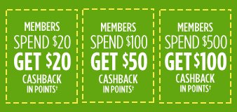 MEMBERS SPEND $20 GET $20 CASHBACK IN POINTS† | MEMBERS SPEND $100 GET $50 CASHBACK IN POINTS† | MEMBERS SPEND $500 GET $100 CASHBACK IN POINTS†