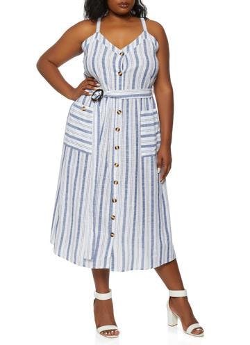 Plus Size Belted Striped Button Front Dress