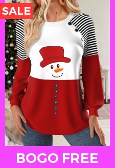 Christmas Multi Color Patchwork Snowman Print Long Sleeve Sweatshirt