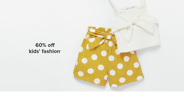 White top and yellow polka dot shorts. 60% off kids' fashion. 