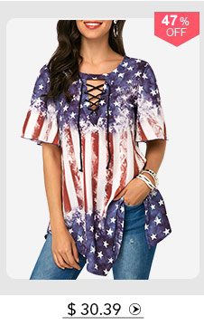 Star and Stripe Print Lace Up Blouse