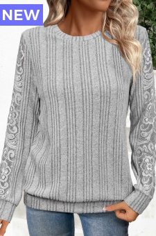 Grey Lace Long Sleeve Round Neck Sweatshirt