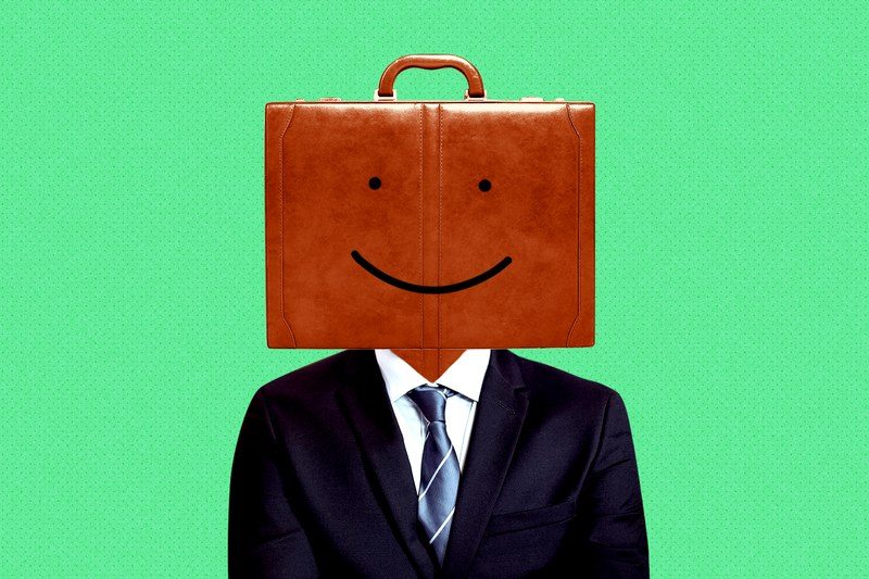 Collage of a man in a business suit with a briefcase for a head