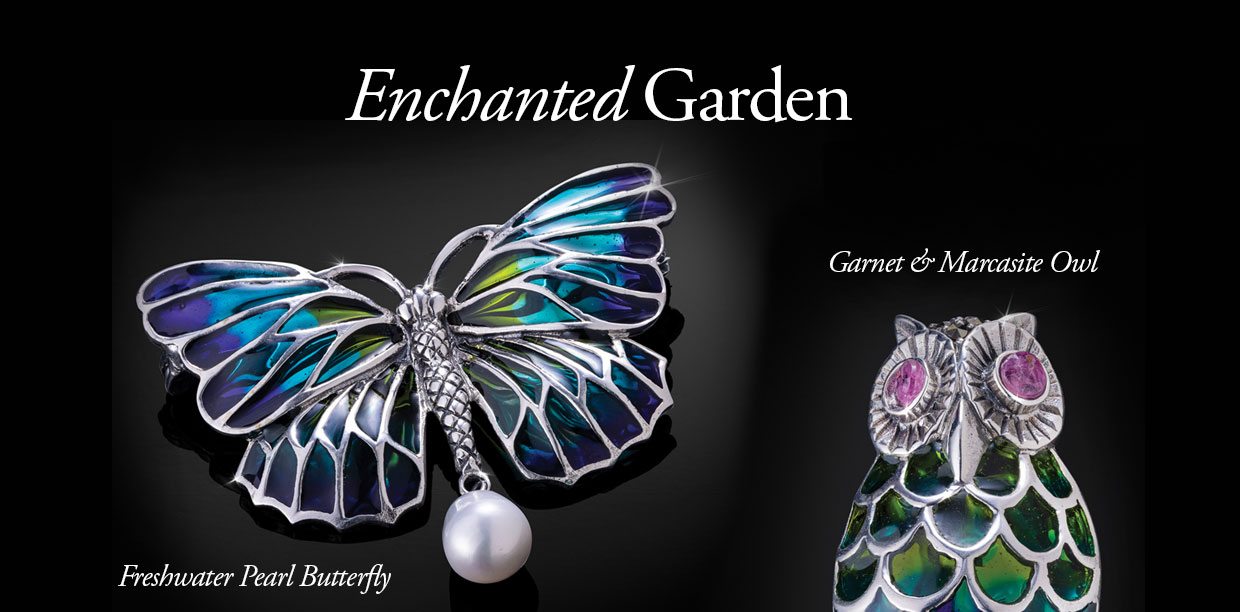 Enchanted Garden. Garnet & Marcasite Owl. Freshwater Pearl Butterfly