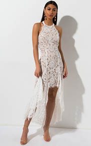 Here If You Want Lace Maxi Dress is a sweet and sultry summer dress complete with an allover lace based exterior, underlying slip, high-low hem, halter style top and cutout, open back.