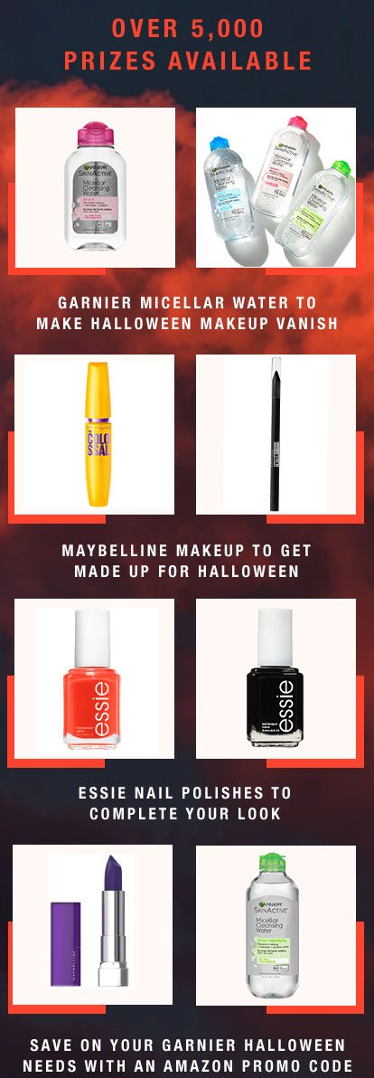 OVER 5,000 PRIZES AVAILABLE - GARNIER MICELLAR WATER TO MAKE HALLOWEEN MAKEUP VANISH - MAYBELLINE MAKEUP TO GET MADE UP FOR HALLOWEEN - ESSIE NAIL POLISHES TO COMPLETE YOUR LOOK - SAVE ON YOUR GARNIER HALLOWEEN NEEDS WITH AN AMAZON PROMO CODE