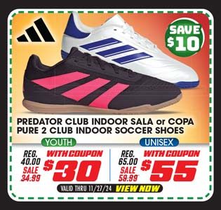 adidas Youth or Unisex Predator Club Indoor Sala or Copa Pure 2 Club Youth Indoor Soccer Shoes