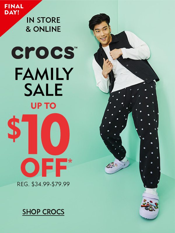 Crocs Family Sale Up To $10 Off* Reg. $34.99 - $79.99. Shop Crocs!