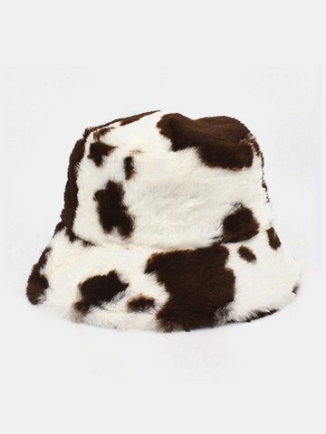 Women & Men Wool Soft Warm Casual Cute Cow Pattern Bucket Hat