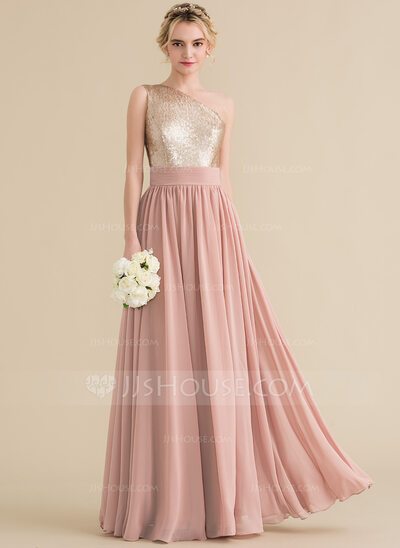 A-Line One-Shoulder Floor-Length Chiffon Sequined Bridesmaid...
