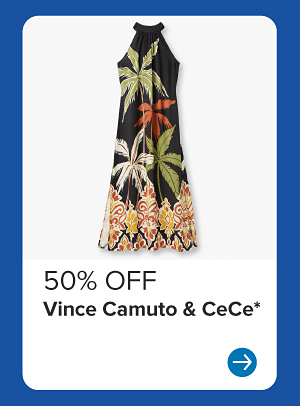 A black dress with palm trees on it. 50% off Vince Camuto and CeCe.