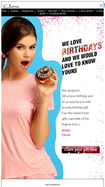 Happy Birthday []! Here's your Rs.150 OFF birthday coupon from Clovia -  Clovia Email Archive