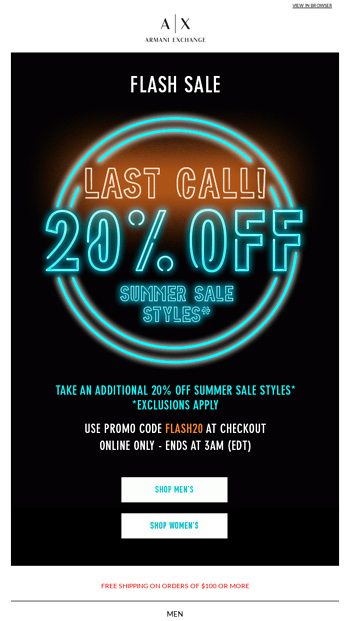 LAST CALL! Extra 20% Off Summer Sale Styles - Armani Exchange Email Archive