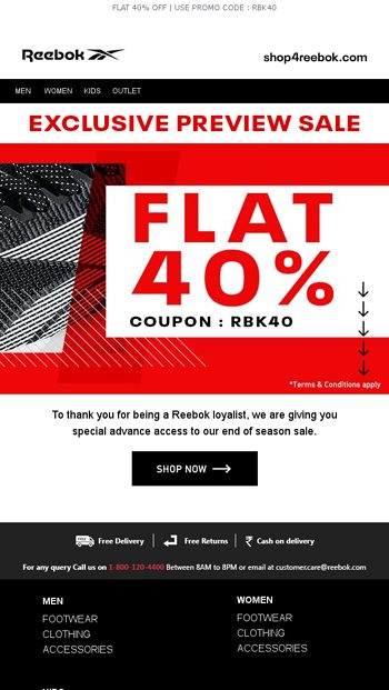 Preview Sale - Flat 40% Off - Reebok 