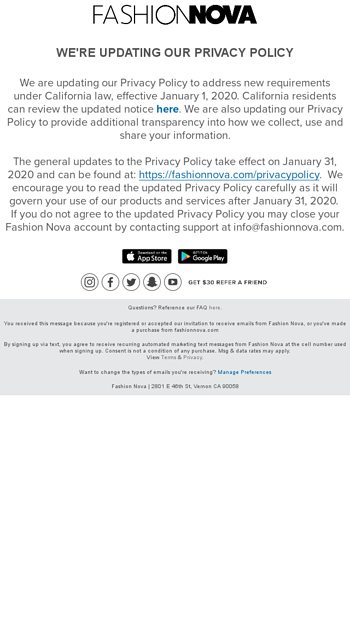 Updates To Our Privacy Policy FashionNova Email Archive
