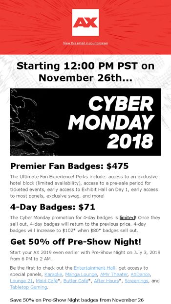 Cyber Monday Deal on 4-Day Badges for AX 2019! - Anime Expo Email Archive