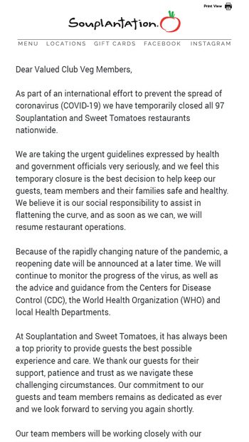 CEO Message All restaurants closed temporarily