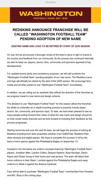 Washington Announces Franchise Will Be Called 'Washington Football Team'  Pending Adoption Of New Name