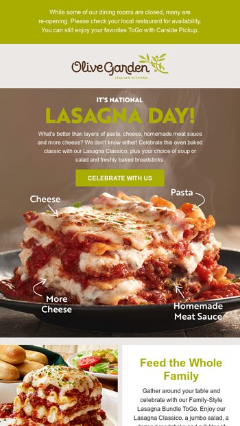 Lasagna Classico, Lunch & Dinner Menu