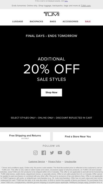 Enjoy an Extra 20 Off Sale Styles 2 Days Left TUMI Email Archive