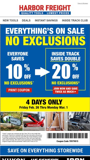 Everything’s on Sale - No Exclusions - Harbor Freight Tools Email Archive