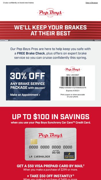 Save 30 On Brake Service From The Experts The Pep Boys Email Archive